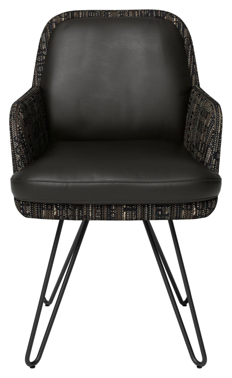 Vorderansicht eines modernen Armlehnstuhls mit schwarzem Lederbezug und gemusterten Stoffdetails, auf filigranen Metallbeinen.