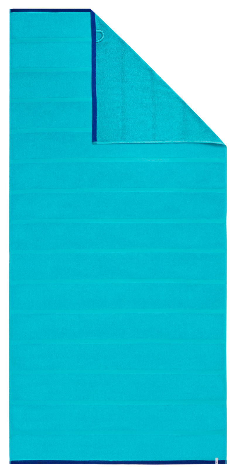 Strandtuch in Türkis mit blauen Streifen, ausgebreitet in der Draufsicht