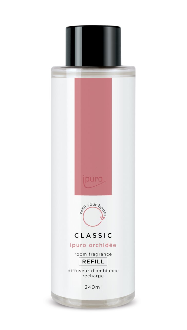 Flasche mit schwarzem Verschluss und Etikett 'Classic ipuro orchidee Refill 240ml' aus Frontalansicht