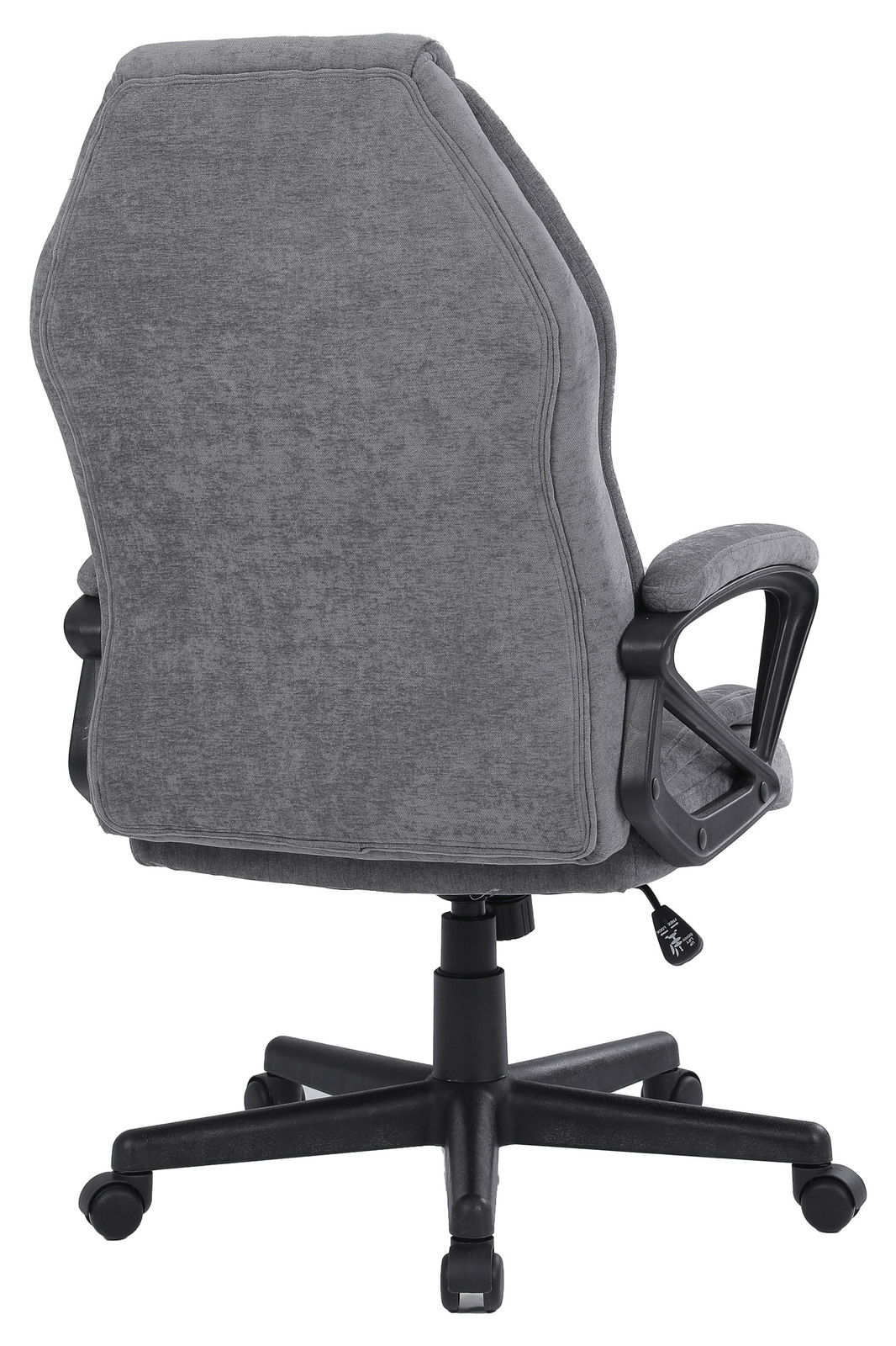 Rückansicht eines grauen Homeoffice-Drehstuhls mit Armlehnen und Rollen.