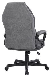 Rückansicht eines grauen Homeoffice-Drehstuhls mit Armlehnen und Rollen.