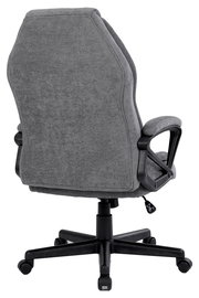 Rückansicht eines grauen Homeoffice-Drehstuhls mit Armlehnen und Rollen.