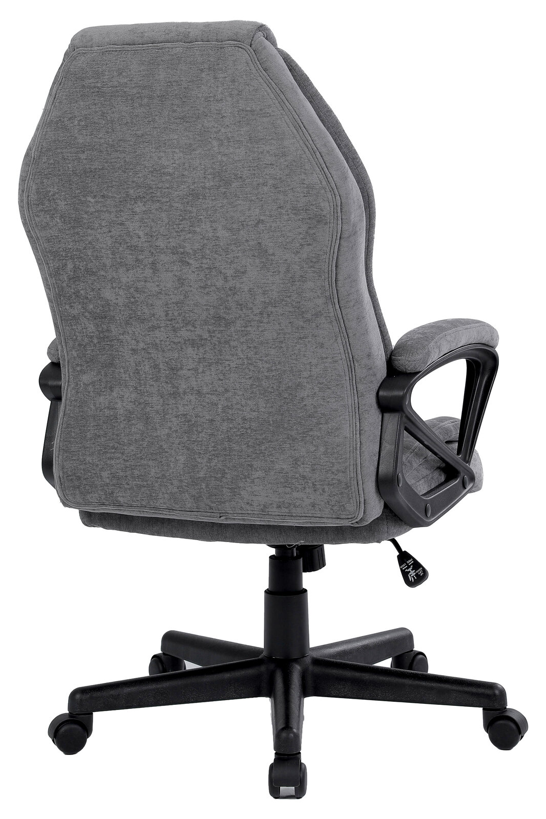 Rückansicht eines grauen Homeoffice-Drehstuhls mit Armlehnen und Rollen.