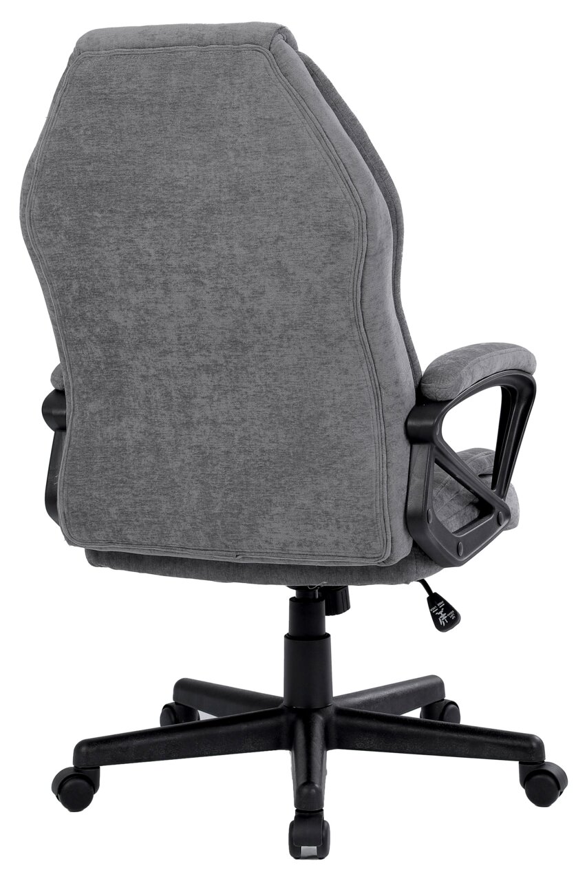 Rückansicht eines grauen Homeoffice-Drehstuhls mit Armlehnen und Rollen.