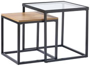 Zweier-Set von Beistelltischen mit einem Tisch aus Glas und einem aus Holz, seitliche Perspektive