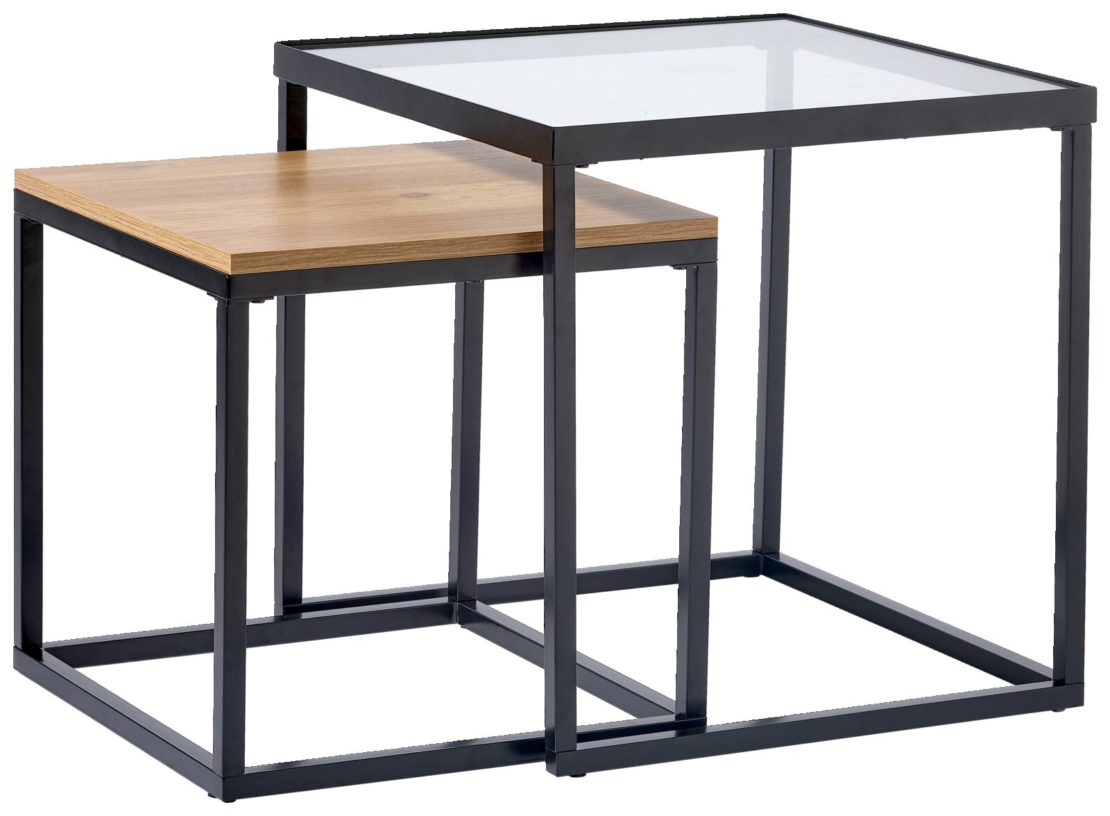Set van twee bijzettafels, bestaande uit een glazen tafel en een houten tafel, gezien vanaf de zijkant