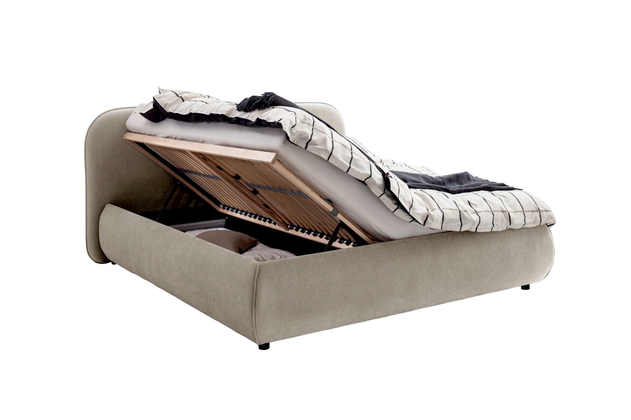 Polsterbettgestell LISSABON mit hochgeklappter Matratze und Stauraum, seitliche Perspektive