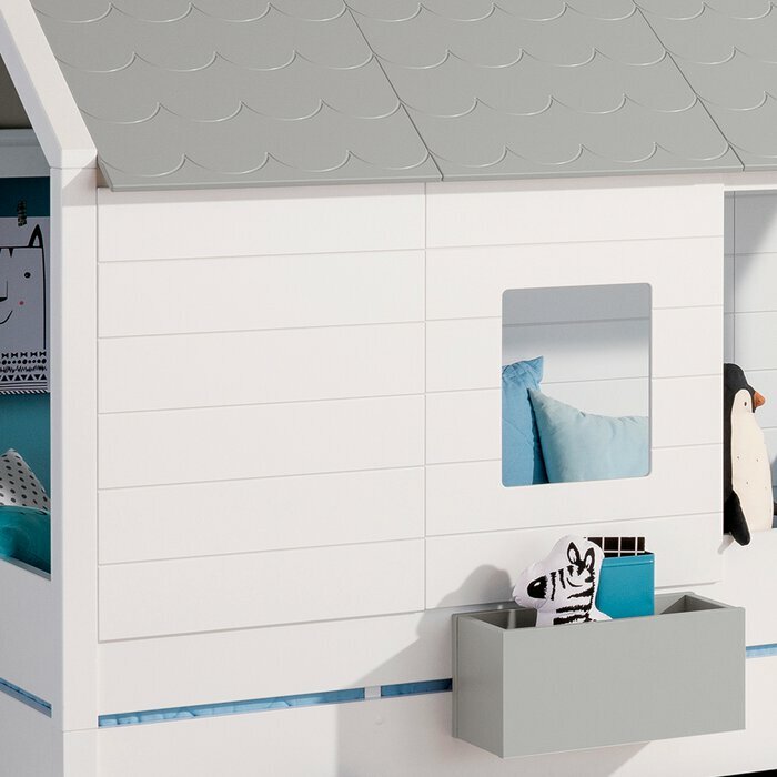 Fenster- und Wandpaneele in Hausform mit grauem Dach und integriertem Regal, seitliche Perspektive