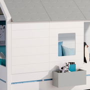 Fenster- und Wandpaneele in Hausform mit grauem Dach und integriertem Regal, seitliche Perspektive