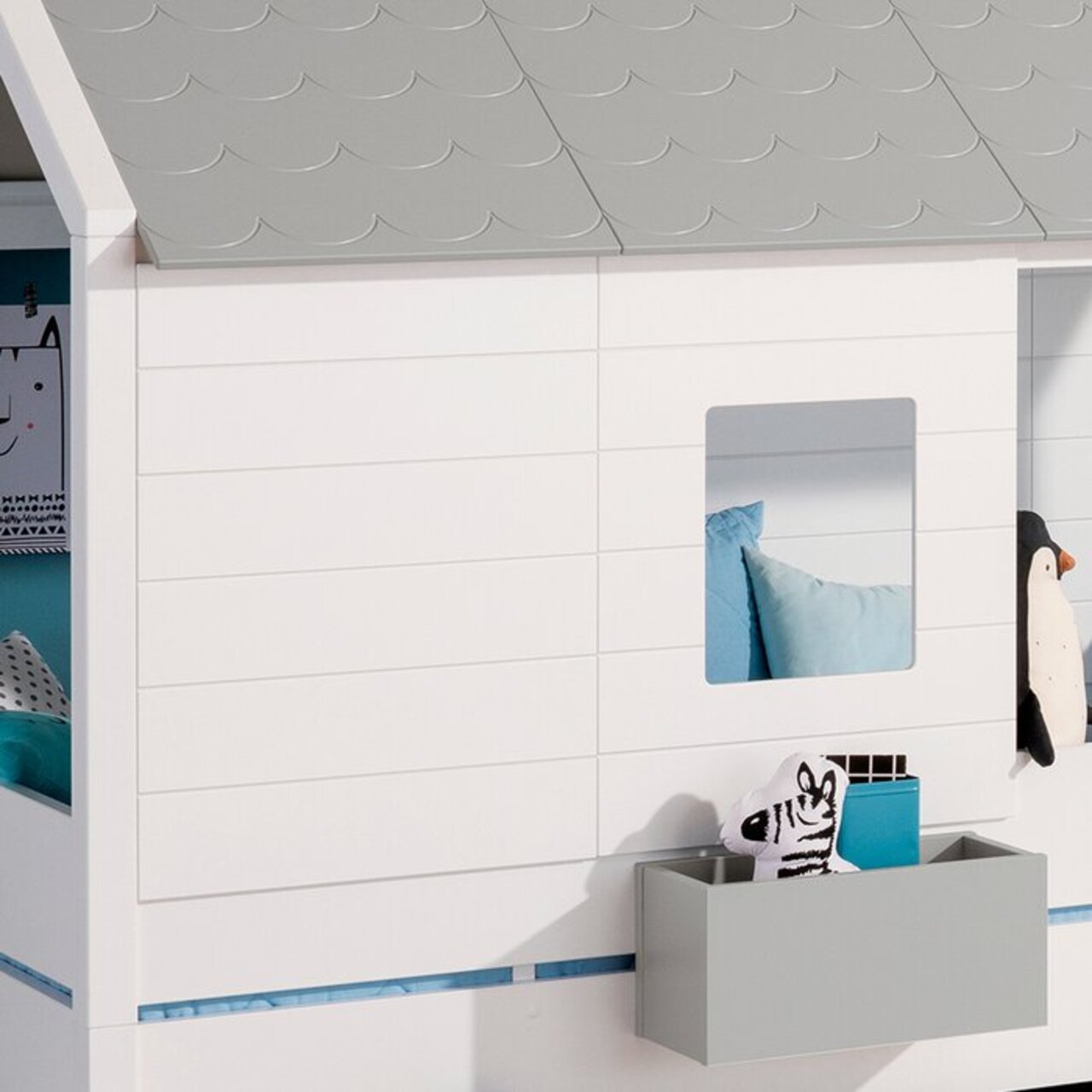 Paidi Fenster- und Wandpaneele TINY-HOUSE Fenster- und Wandpaneele in Hausform mit grauem Dach und integriertem Regal, seitliche Perspektive