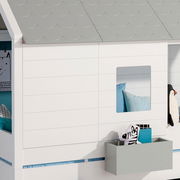 Fenster- und Wandpaneele in Hausform mit grauem Dach und integriertem Regal, seitliche Perspektive