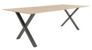 Moderner Esstisch mit Holzplatte und X-förmigen Metallbeinen, seitliche Perspektive
