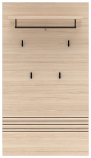 Frontale Ansicht eines modernen Garderoben-Sets mit Holzoptik, mehreren Haken und einer Ablage.