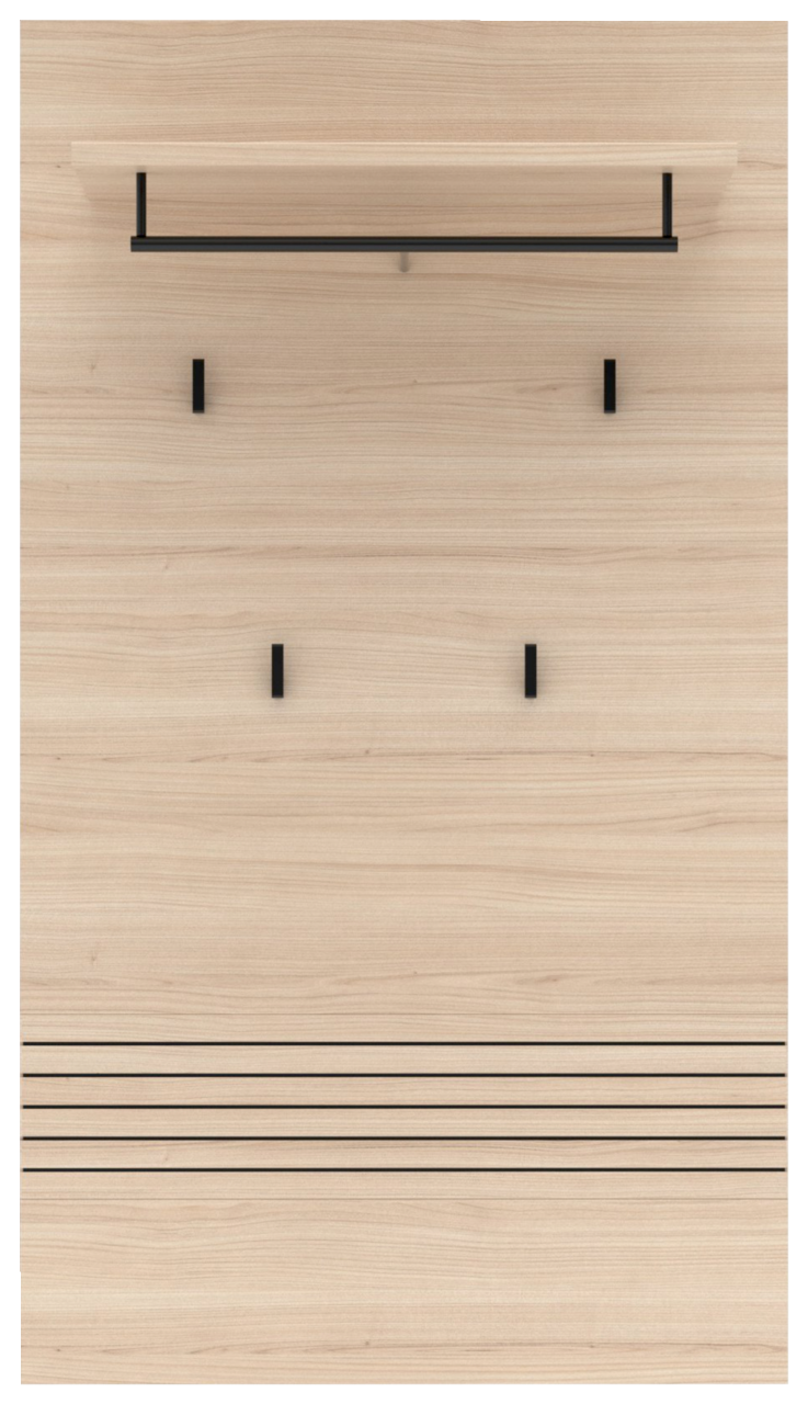 Frontale Ansicht eines modernen Garderoben-Sets mit Holzoptik, mehreren Haken und einer Ablage.