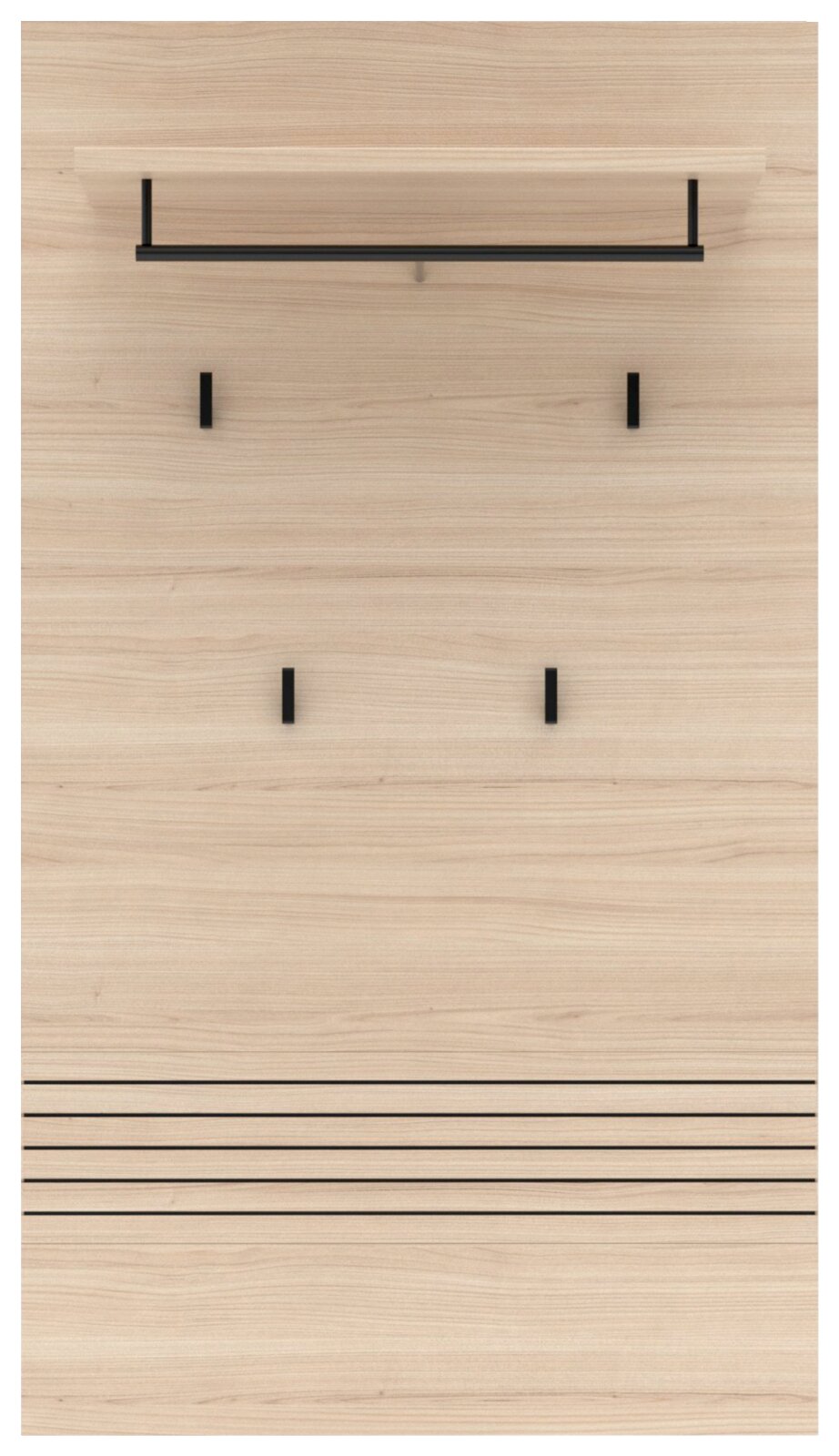 Frontale Ansicht eines modernen Garderoben-Sets mit Holzoptik, mehreren Haken und einer Ablage.