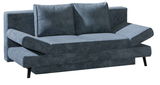 Querschläfer-Sofa in dunkelblauem Stoff, Vorderansicht mit verstellbaren Armlehnen und zwei Rückenkissen.
