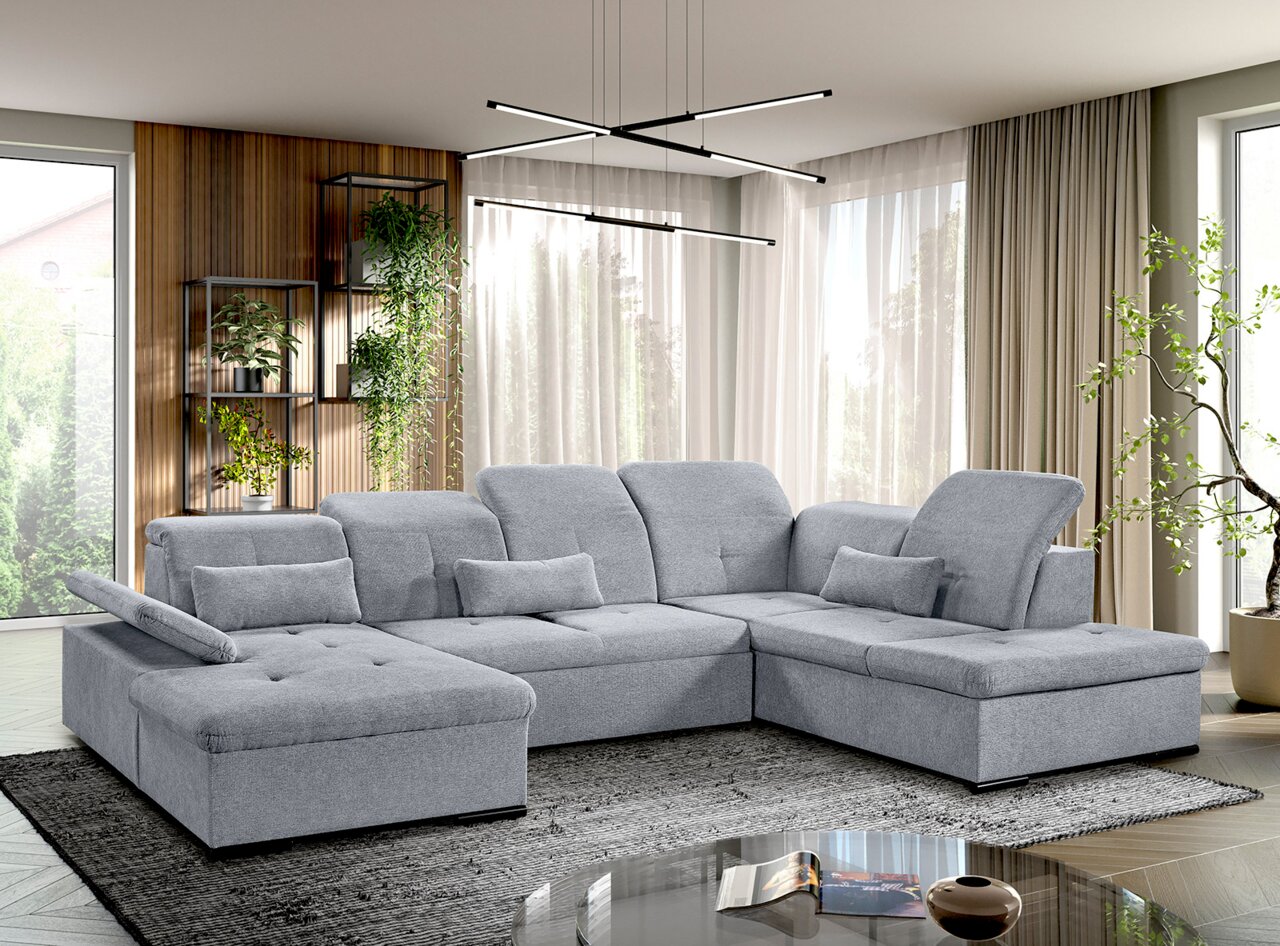 Graues Ecksofa in modernem Wohnzimmer, Perspektive von vorne links