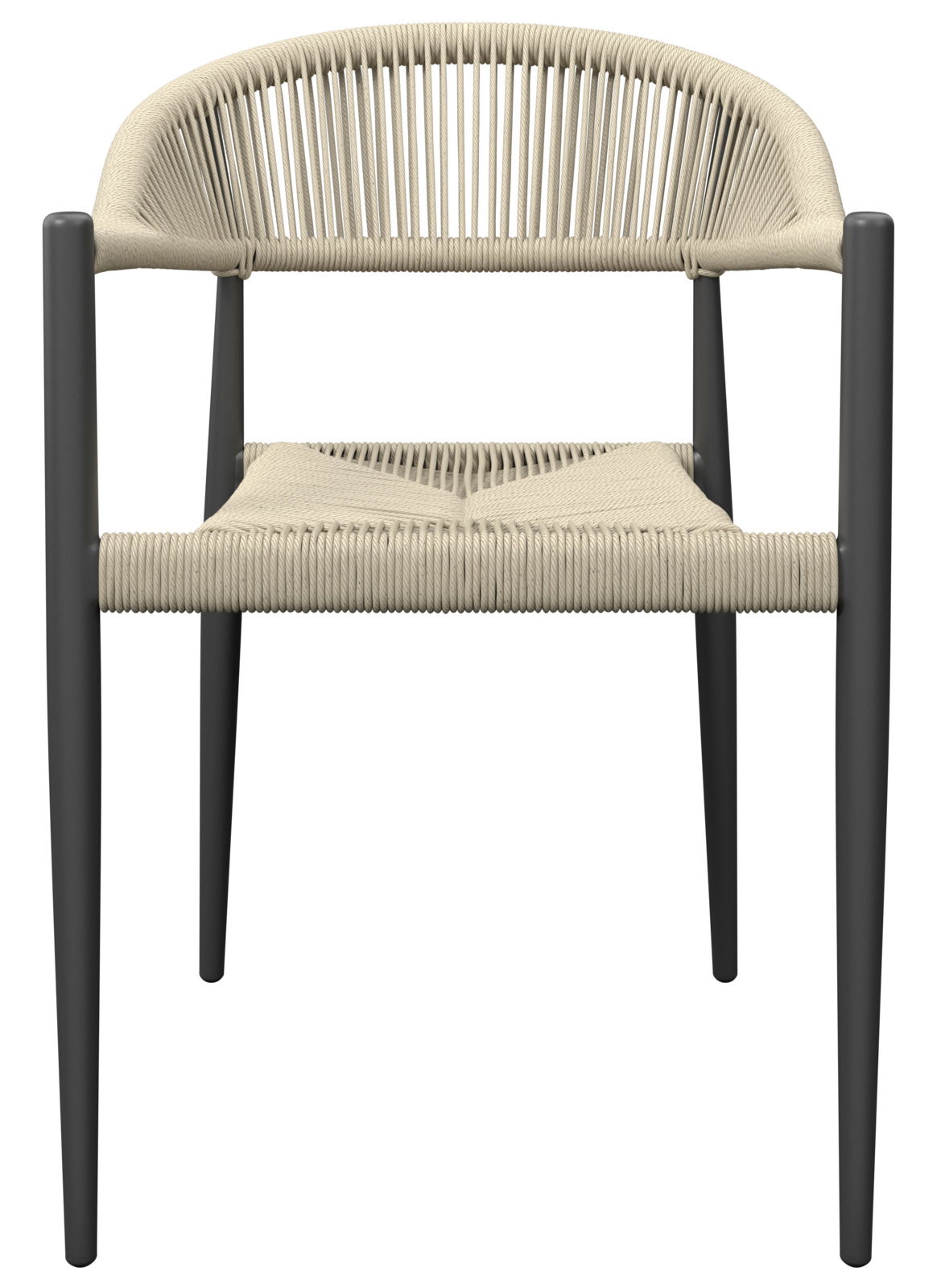 Moderner Stapelsessel mit geflochtenem Sitz und Rückenlehne, Vorderansicht