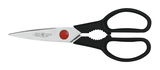 Küchenschere mit schwarzem Griff und Edelstahlklingen, seitliche Ansicht