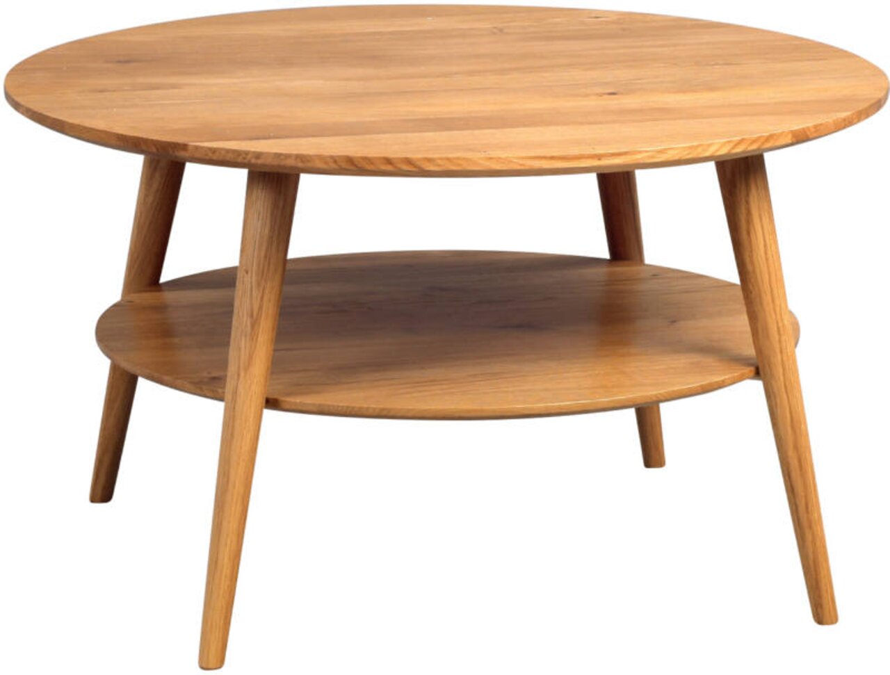 Runder Couchtisch aus Holz mit zwei Ebenen, seitliche Perspektive