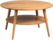 Ronde houten salontafel met twee niveaus, zijaanzicht