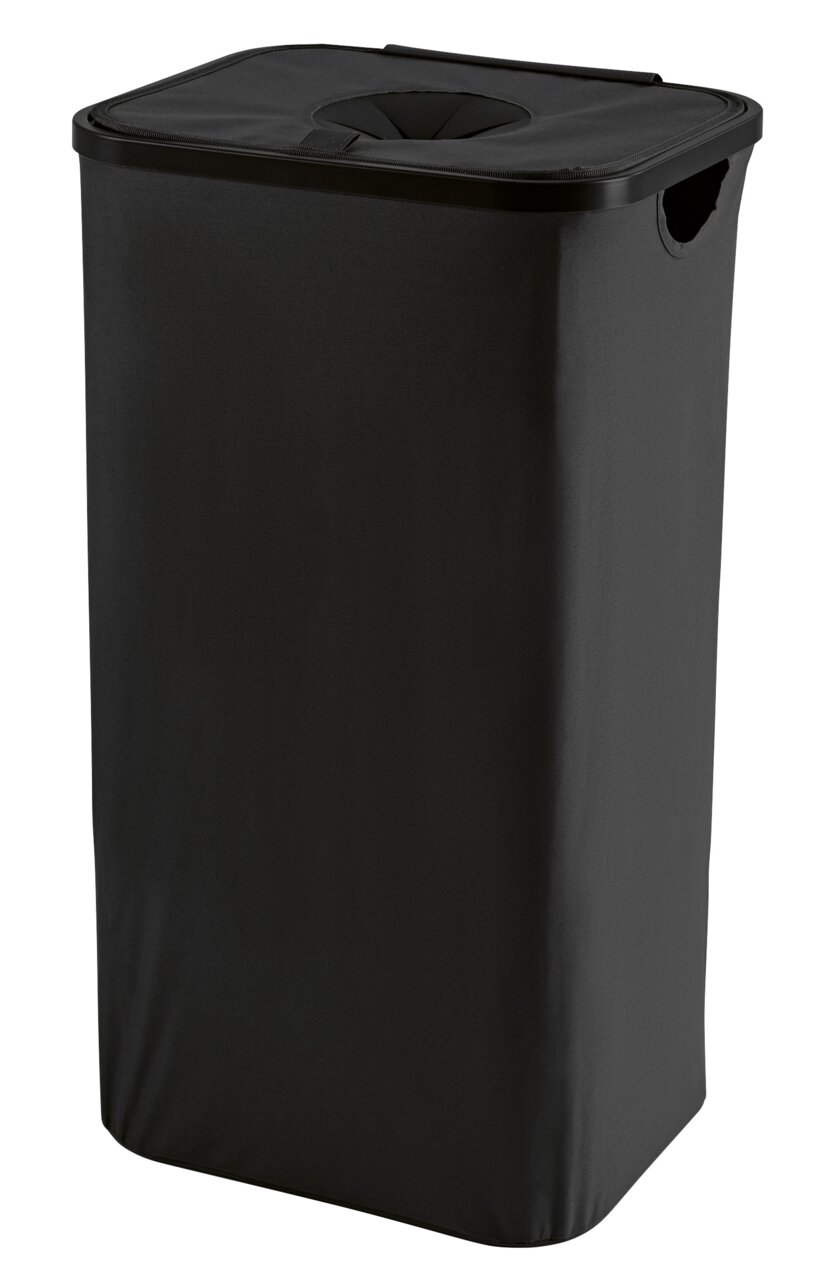 EASYmaxx Pfandflaschen Sammelbehälter Schwarzer Pfandflaschen Sammelbehälter aus Stoff mit Deckel, seitliche Perspektive