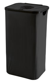 Schwarzer Pfandflaschen Sammelbehälter aus Stoff mit Deckel, seitliche Perspektive