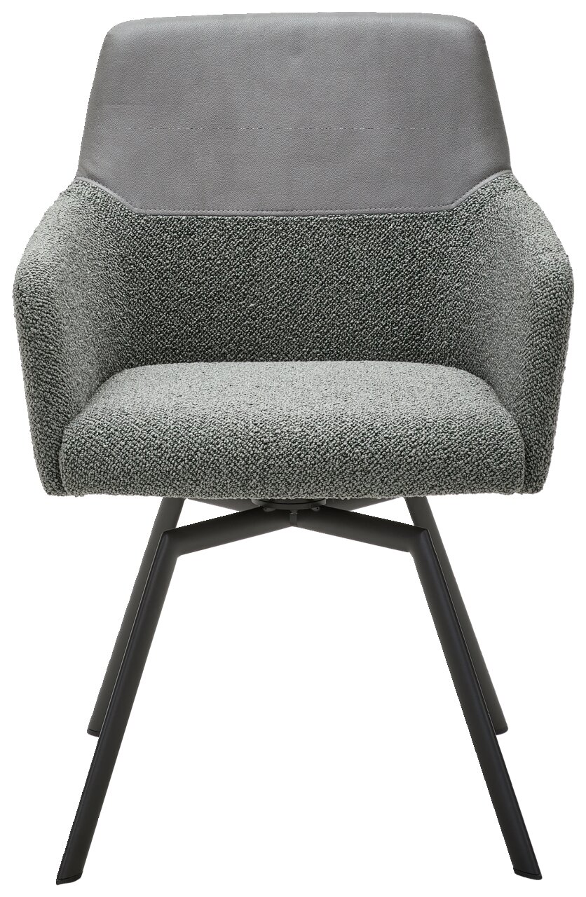 Moderner Sessel mit grauem Stoffbezug und schwarzem Metallgestell, Frontalansicht