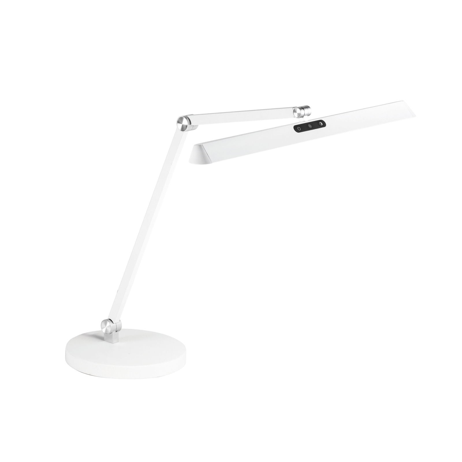 Moderne weiße Tischleuchte mit verstellbarem Arm, seitliche Perspektive