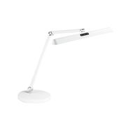 Moderne weiße Tischleuchte mit verstellbarem Arm, seitliche Perspektive
