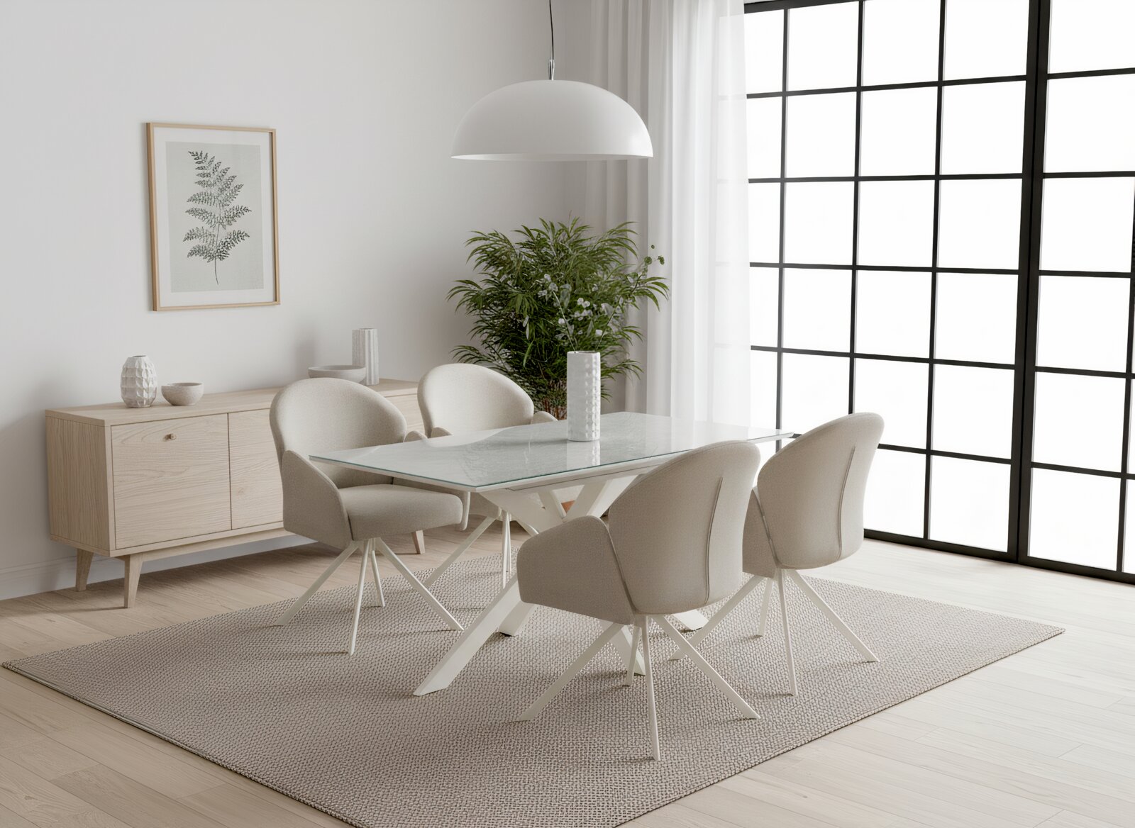 Z2 Armlehnstuhl HOLLY Modernes Esszimmer mit rechteckigem Esstisch mit Glasplatte und weißem Gestell, vier beigefarbenen Polsterstühlen, Teppich und großer Pendelleuchte; Perspektive: leicht erhöhte Frontansicht von schräg rechts.