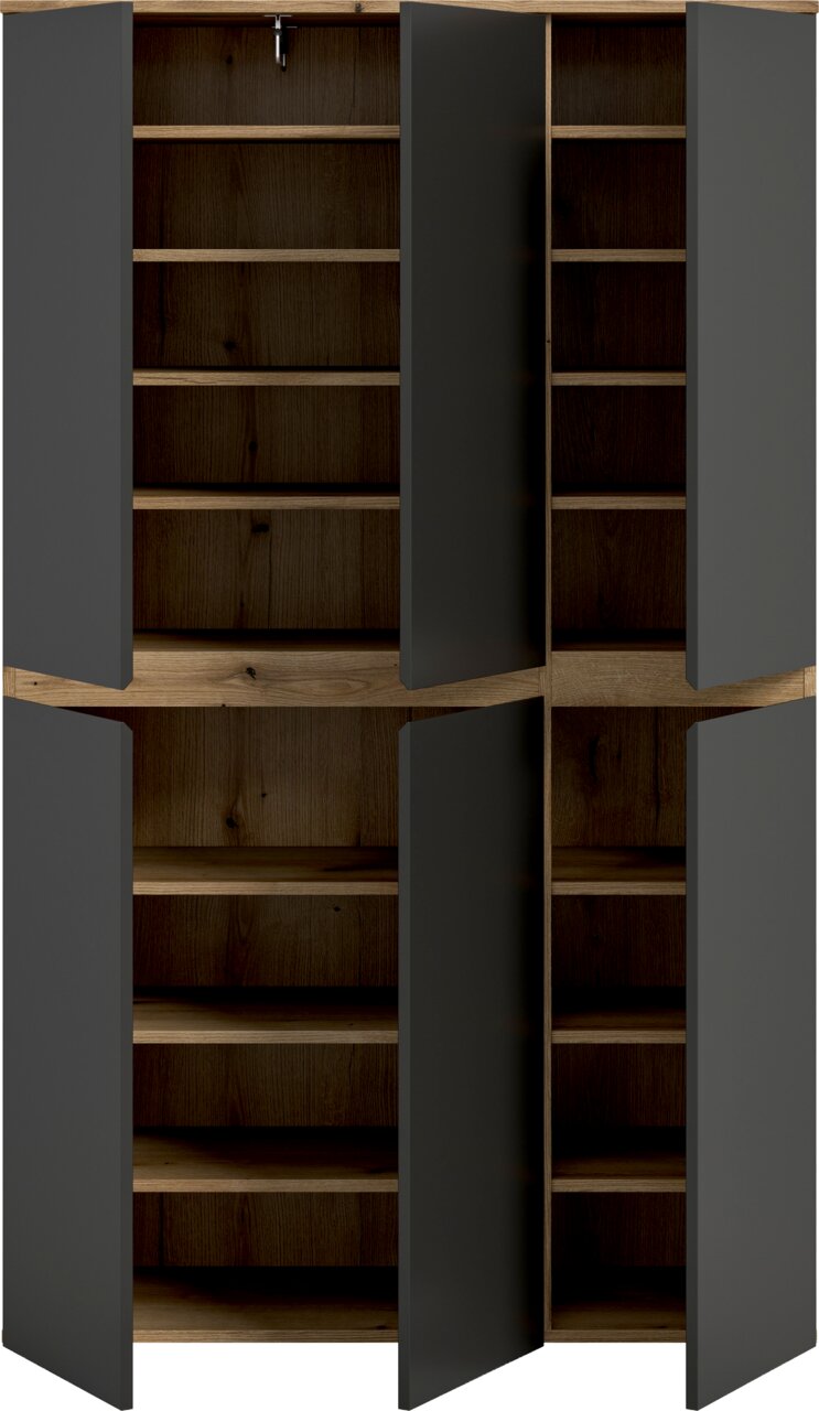Offener Hochschrank mit vier grauen Türen und Holzoptik-Korpus, innen mehrere Regalböden und Fächer, frontal aus der Vorderansicht dargestellt.