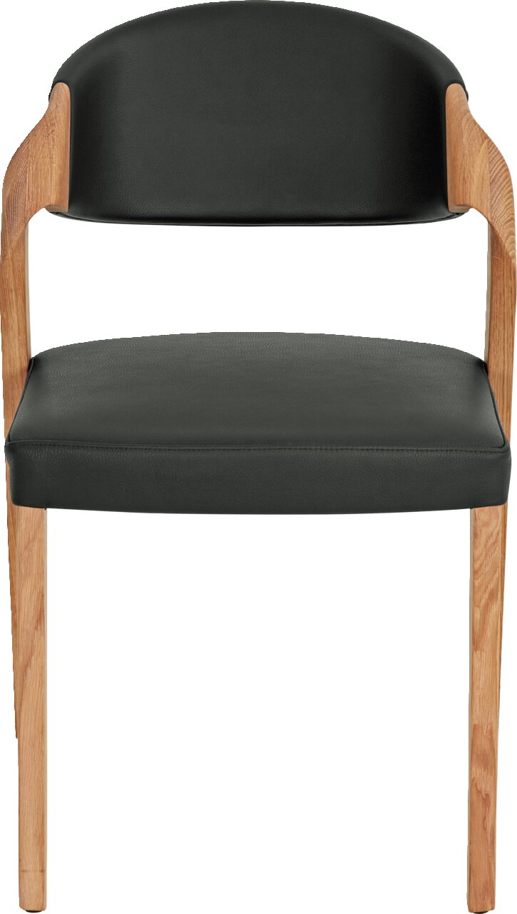 Moderner Stuhl mit schwarzem Sitz und Rückenlehne aus Leder, Holzarmlehnen und -beinen, Frontalansicht