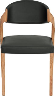 Moderner Stuhl mit schwarzem Sitz und Rückenlehne aus Leder, Holzarmlehnen und -beinen, Frontalansicht