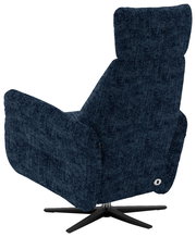 Rückansicht eines blauen Relaxsessels mit drehbarem Fußgestell.