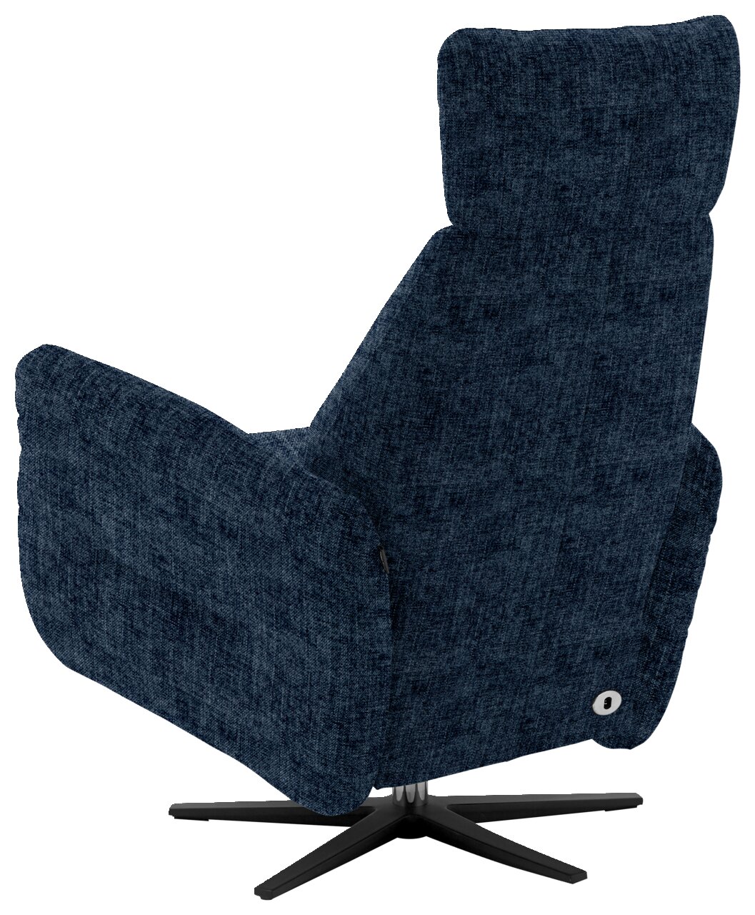 Rückansicht eines blauen Relaxsessels mit drehbarem Fußgestell.