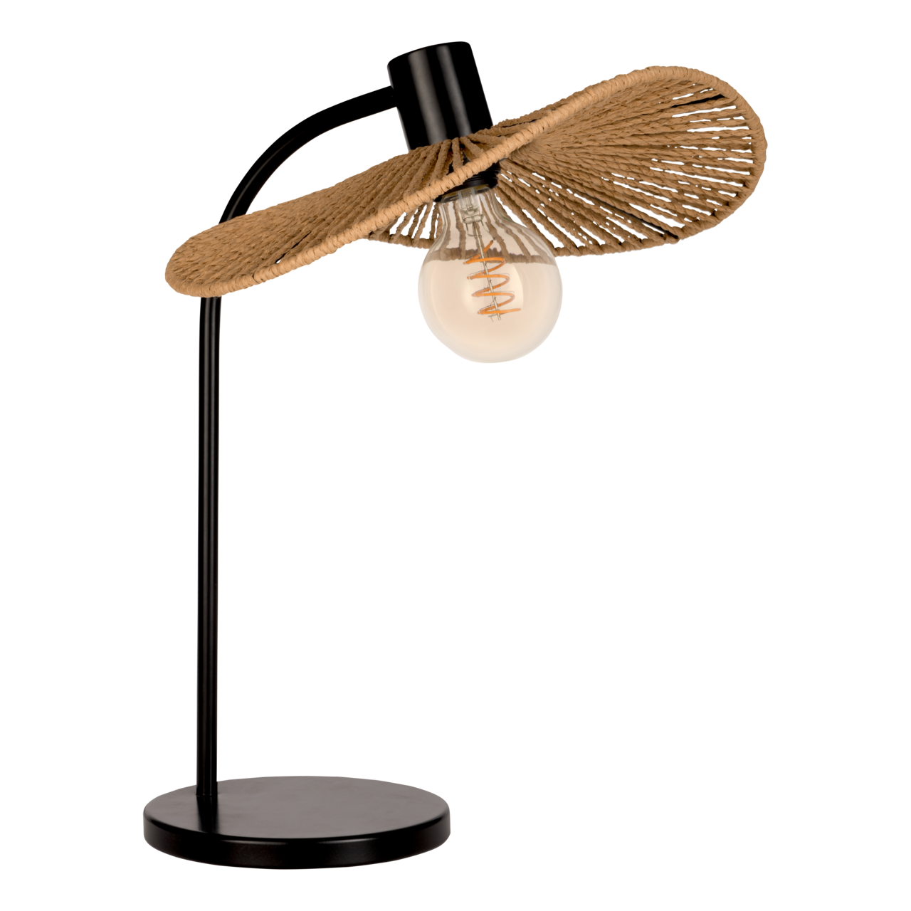 Tischleuchte mit schwarzem Metallgestell und einem Schirm aus geflochtenem Material, seitliche Perspektive