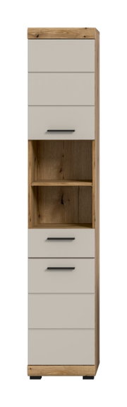 Hoher, schmaler Hochschrank in Holzoptik mit hellgrauen Fronten, zwei offenen Regalfächern und schwarzen Griffen, freigestellt in Frontalansicht.