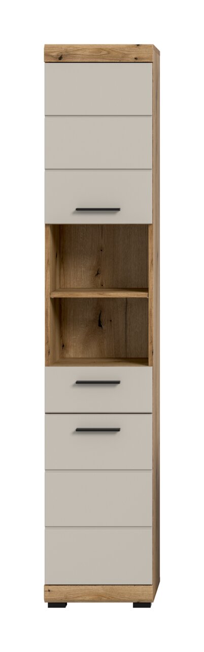 Hoher, schmaler Hochschrank in Holzoptik mit hellgrauen Fronten, zwei offenen Regalfächern und schwarzen Griffen, freigestellt in Frontalansicht.