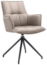 Moderner Sessel mit gepolstertem Sitz und Rückenlehne in Beige, auf schwarzem Metallgestell, seitliche Perspektive