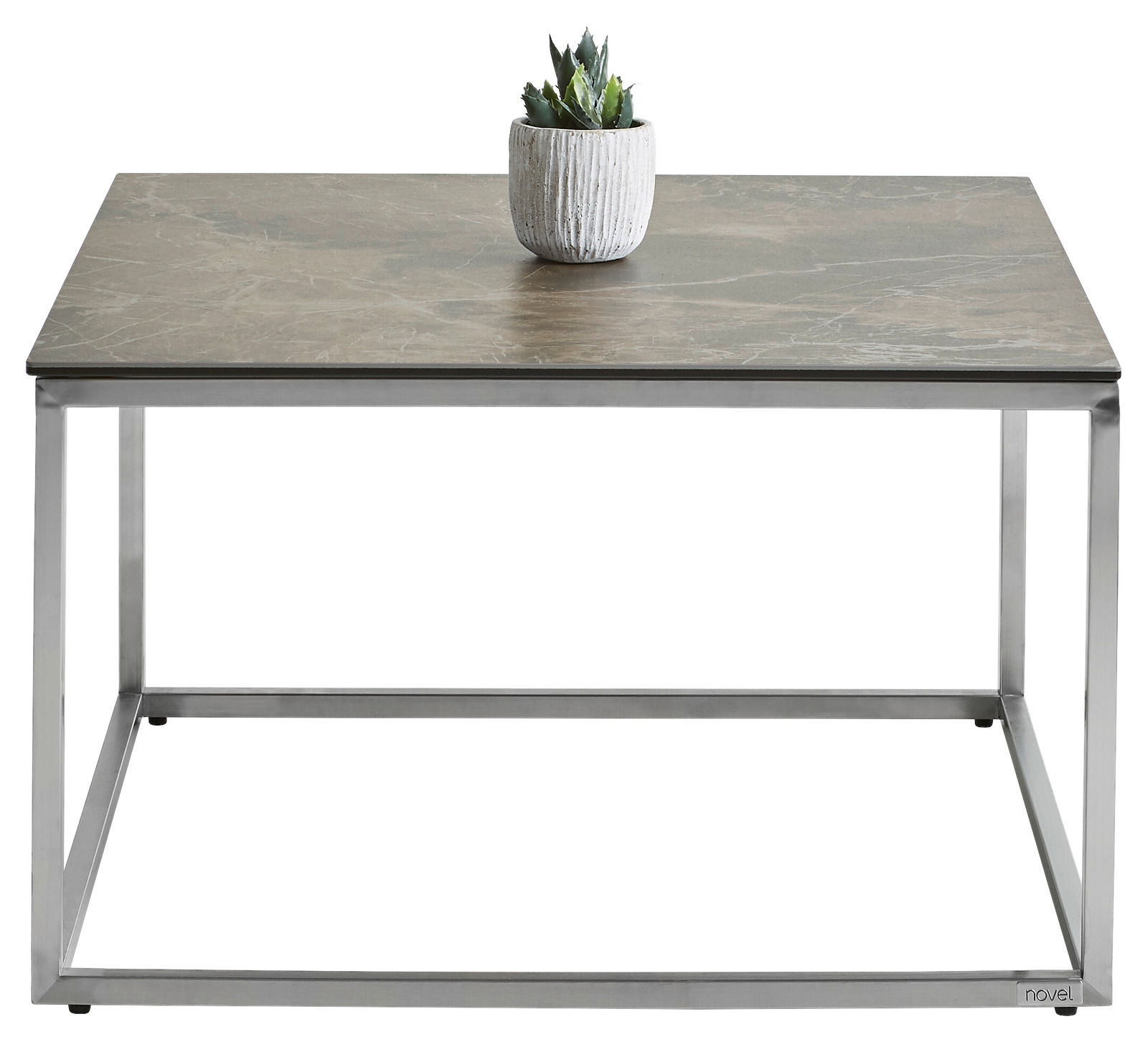 Moderner Beistelltisch mit Metallrahmen und Steinplatte, frontal fotografiert, mit einer kleinen Pflanze als Dekoration.
