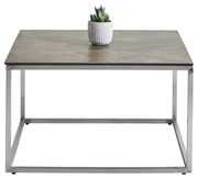 Moderner Beistelltisch mit Metallrahmen und Steinplatte, frontal fotografiert, mit einer kleinen Pflanze als Dekoration.