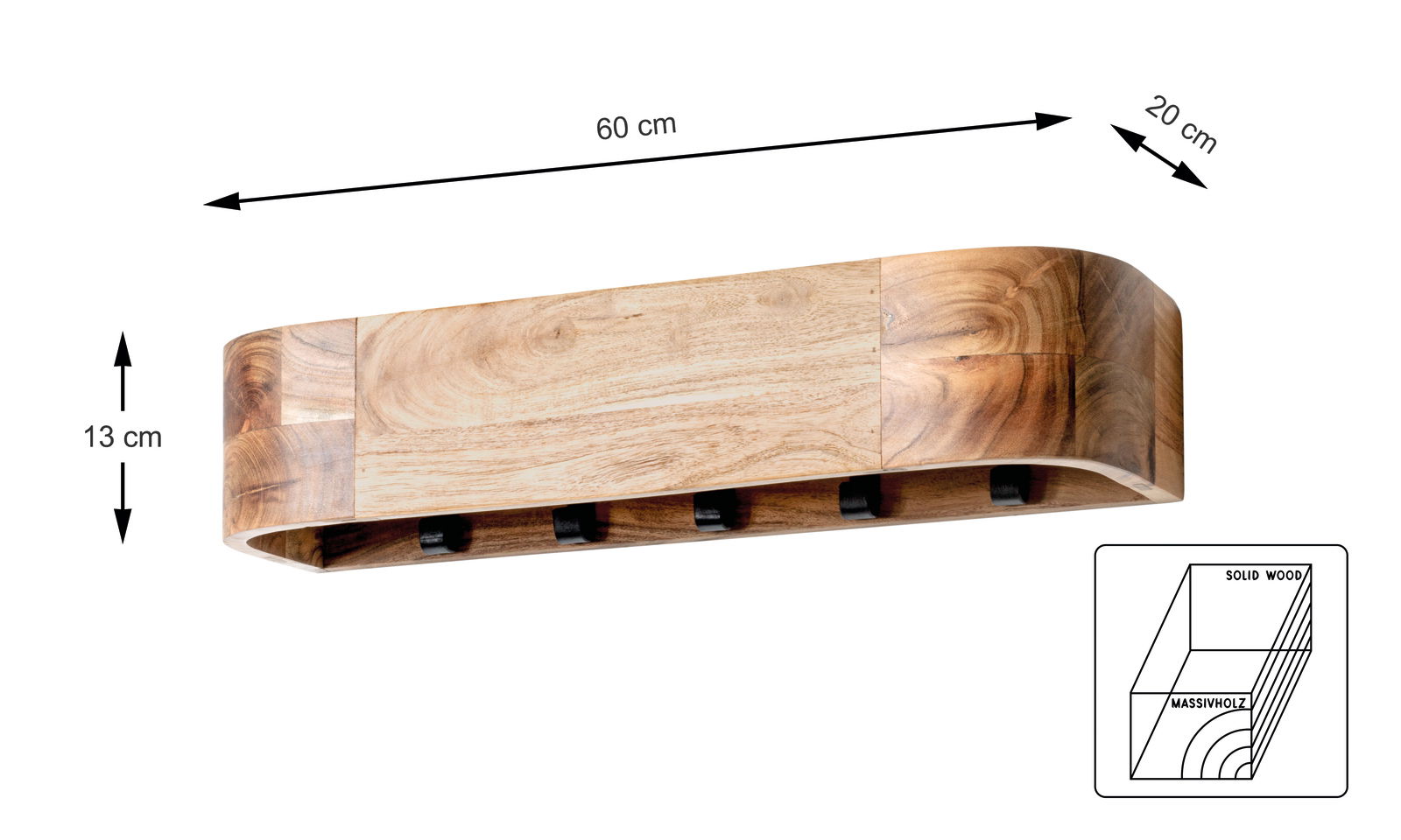Wandgarderobe aus Massivholz mit fünf Haken, seitliche Perspektive