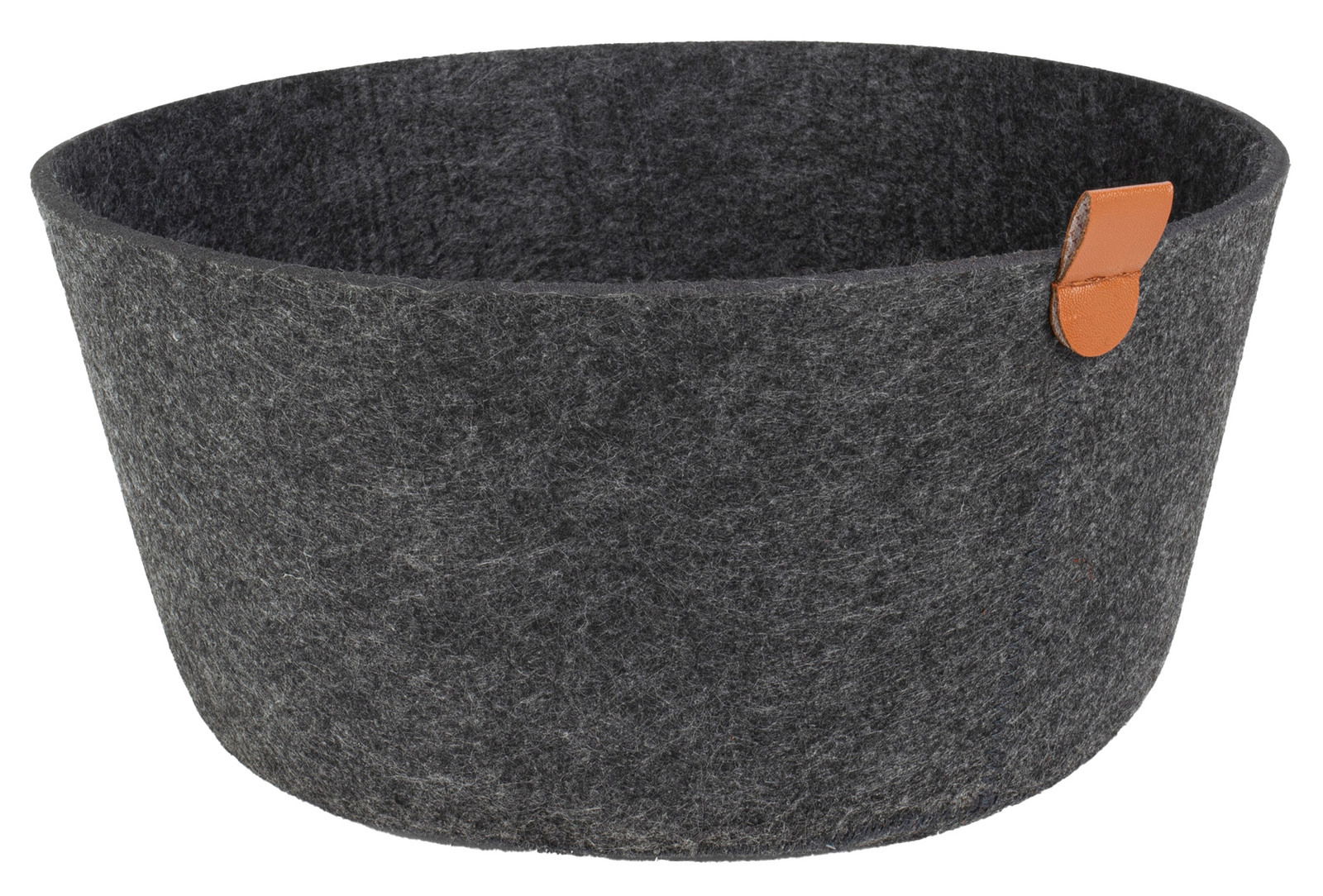 Runder Filzkorb in Anthrazit mit braunem Ledergriff, seitliche Perspektive