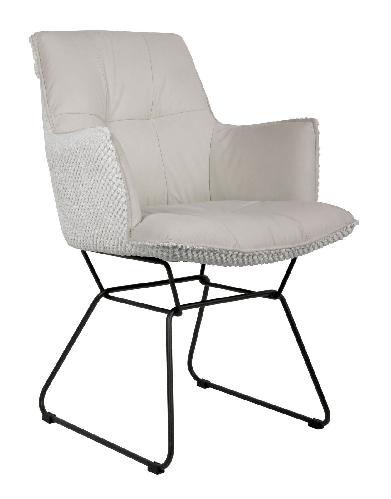 Moderner Armlehnstuhl mit hellgrauem Polster und schwarzem Metallgestell, seitliche Perspektive