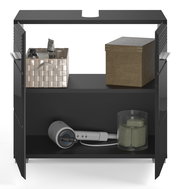 Moderner Waschbeckenunterschrank LINUS in schwarzem Design, frontal geöffnet, mit zwei Fächern zur Aufbewahrung von Badezimmerutensilien.