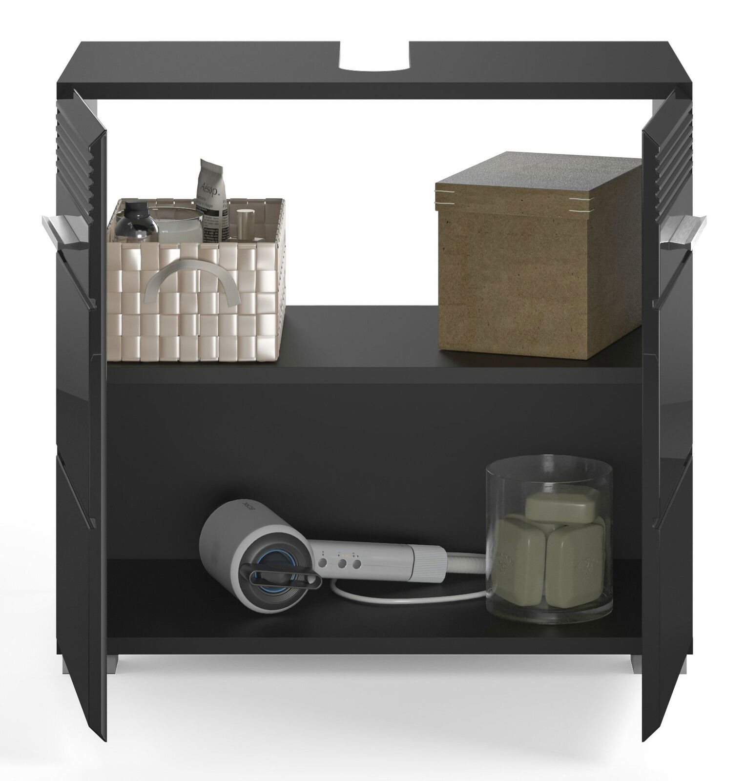 Moderner Waschbeckenunterschrank LINUS in schwarzem Design, frontal geöffnet, mit zwei Fächern zur Aufbewahrung von Badezimmerutensilien.