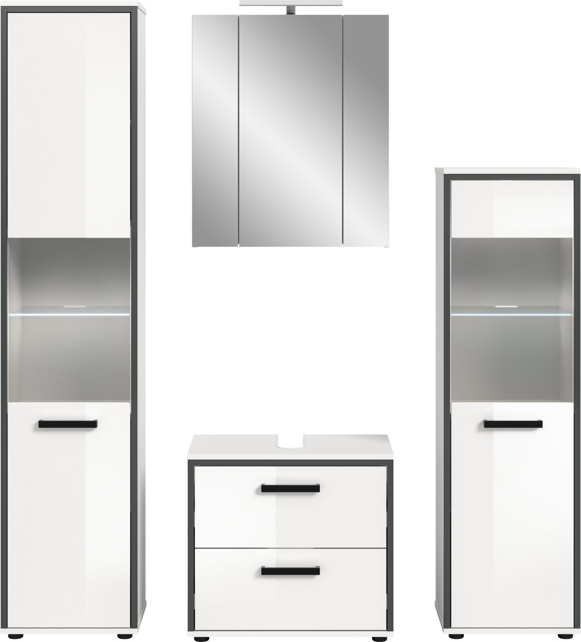 Modernes Badmöbel-Set in Weiß mit grauen Akzenten: zwei hohe Hochschränke mit Glaseinsatz und LED-Licht, Waschtischunterschrank mit zwei Schubladen und Spiegelschrank, Frontansicht.