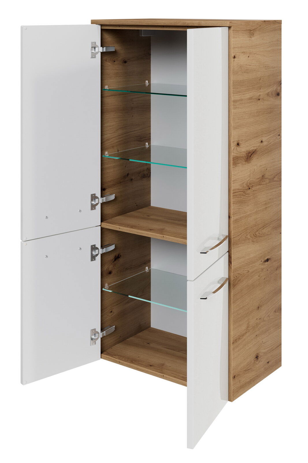 Offener Midischrank mit Holzoptik und weißen Türen, seitliche Perspektive