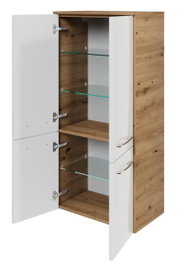 Offener Midischrank mit Holzoptik und weißen Türen, seitliche Perspektive